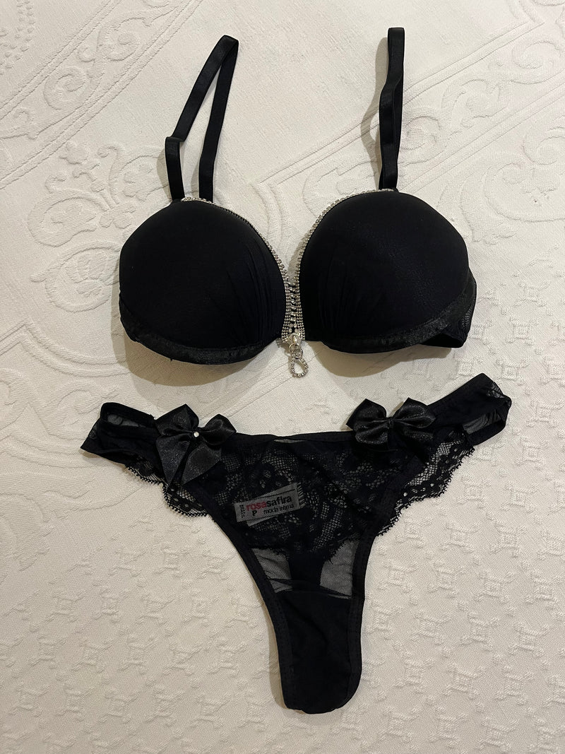 Conjunto lingerie sutiã com zíper de strass e calcinha fio